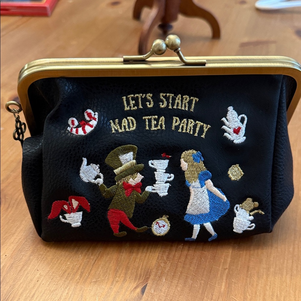Mad Tea Party Embroidered Frame Clutch - Black